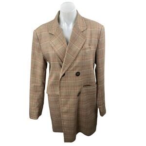 Repeat Women's Brown Plaid Checkered Double Breasted Long Sleeve Coat Jacket XS